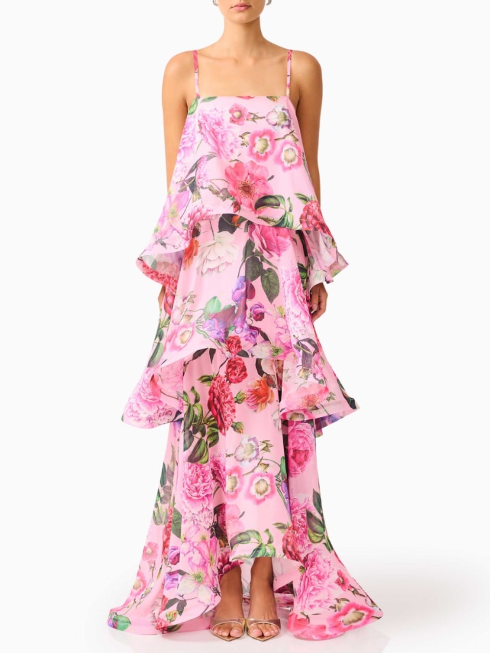 Elliatt Armani Pink Floral Tiered Flounce Maxi Dress Tilly Georgette - Small